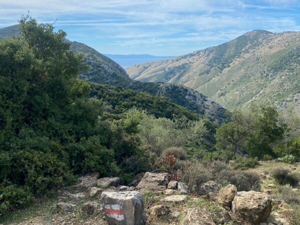 South Coast hiking, rocky hills with trees and bushes. south of Albania.